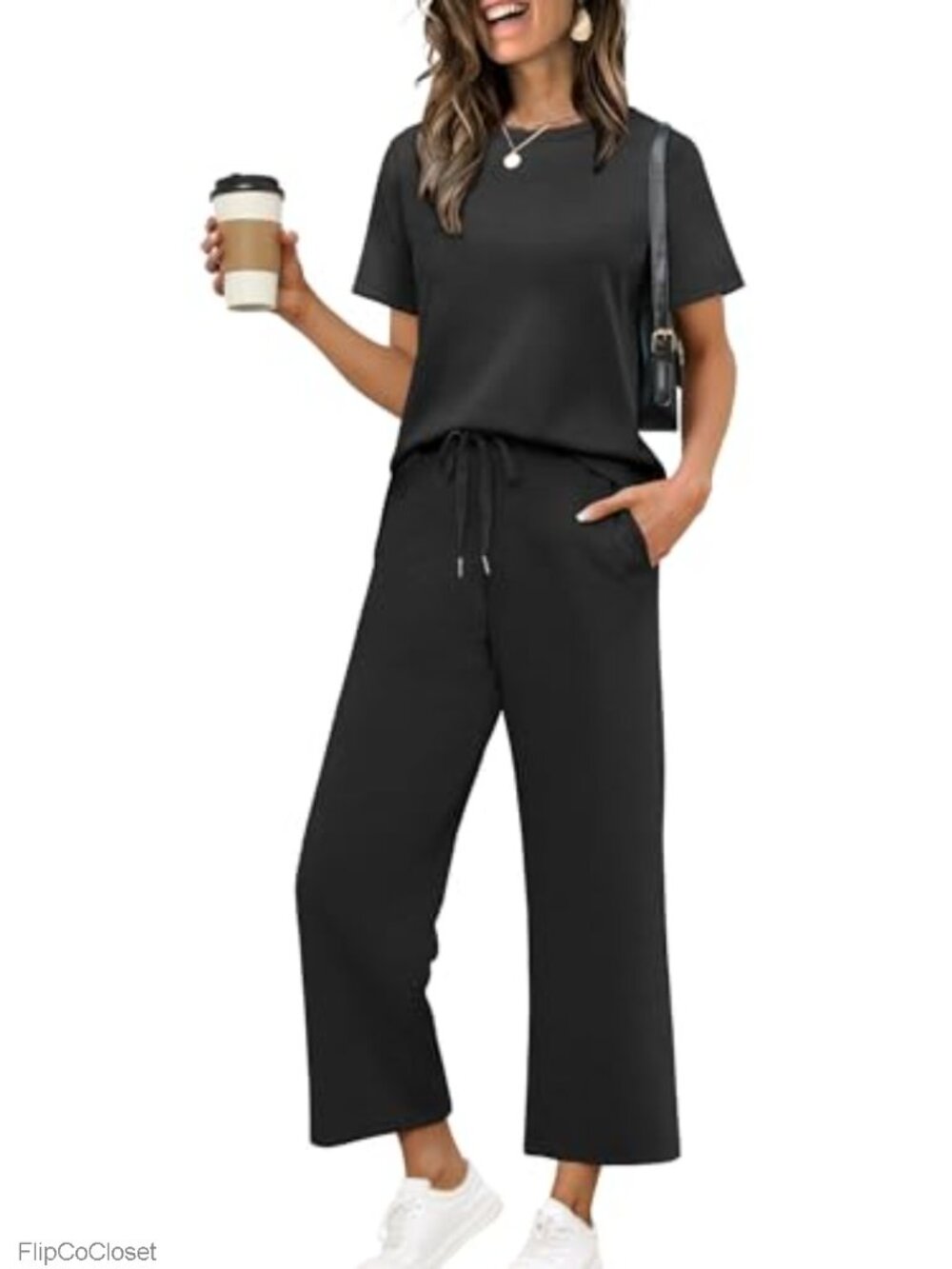 Women's 2 Piece Lounge Set Side Slit Tunic Top Wide Leg Pants
